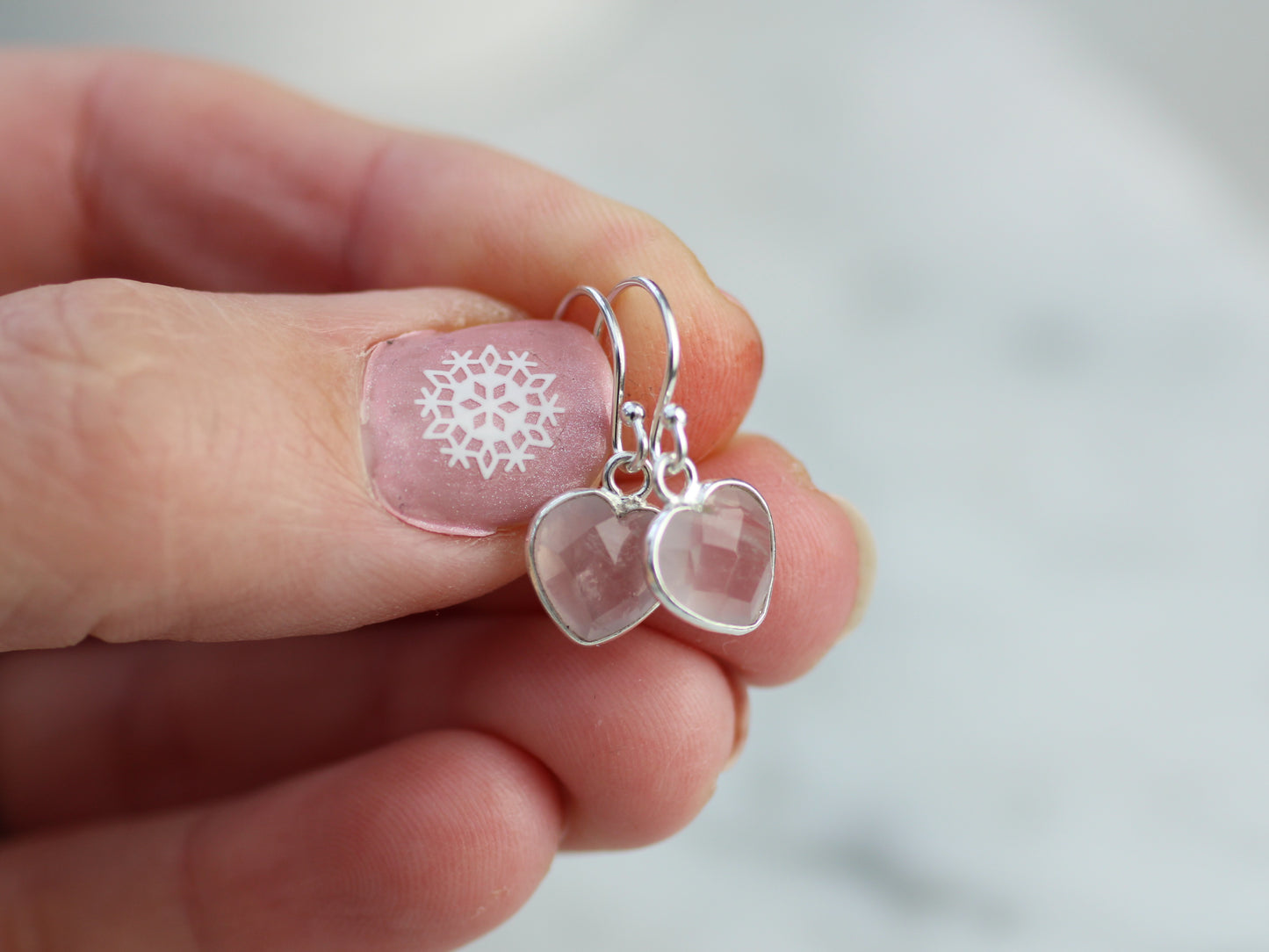 Rose Quartz Heart Earrings in Sterling Silver | Faceted Pink Gemstone Drop Earrings | Gift for Her