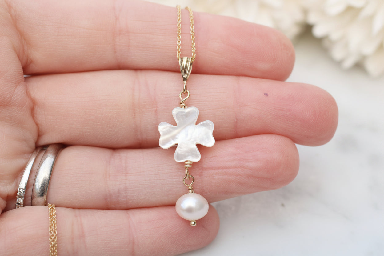 Mother of Pearl Clover & Freshwater Pearl Pendant Necklace | Sterling Silver or Gold Filled