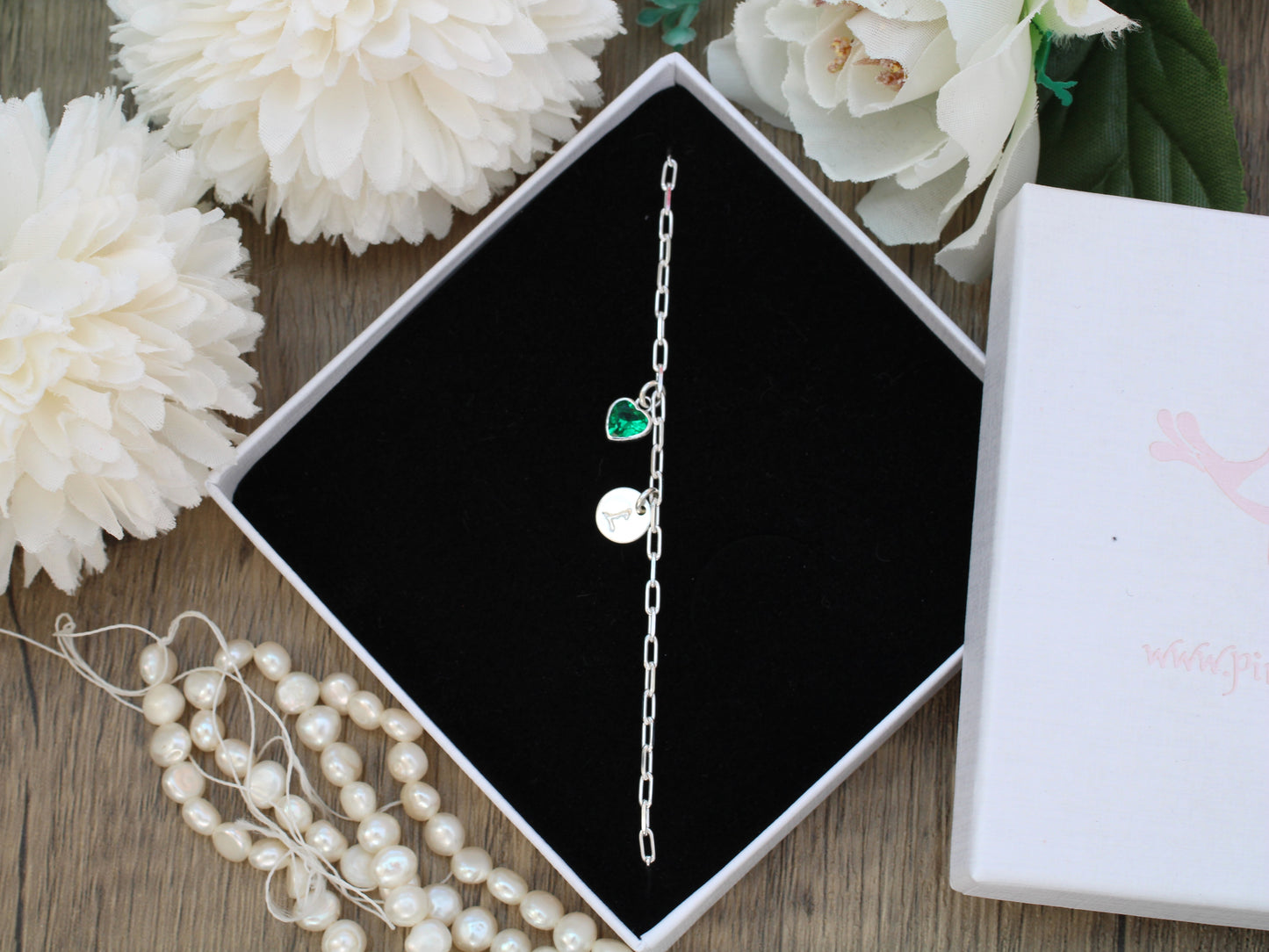 Personalised initial and birthstone adjustable bracelet in silver.