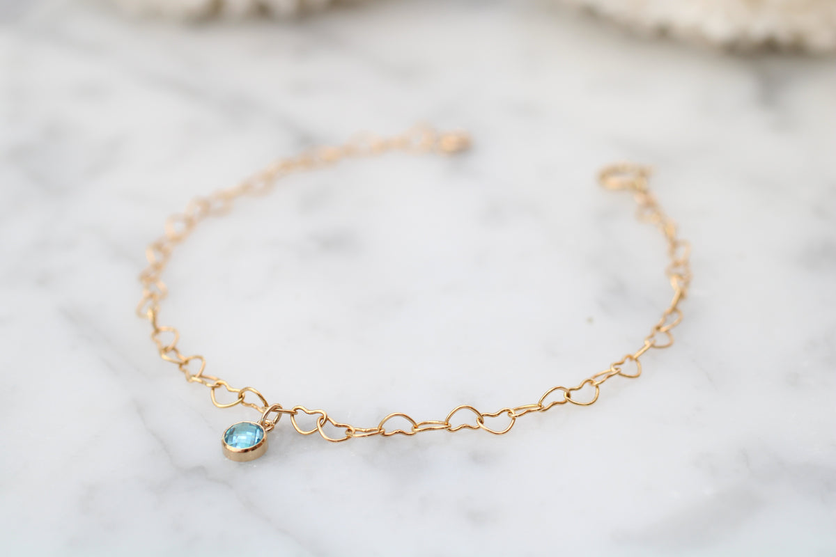 Heart Chain Bracelet with December Charm in Sterling Silver or Gold.