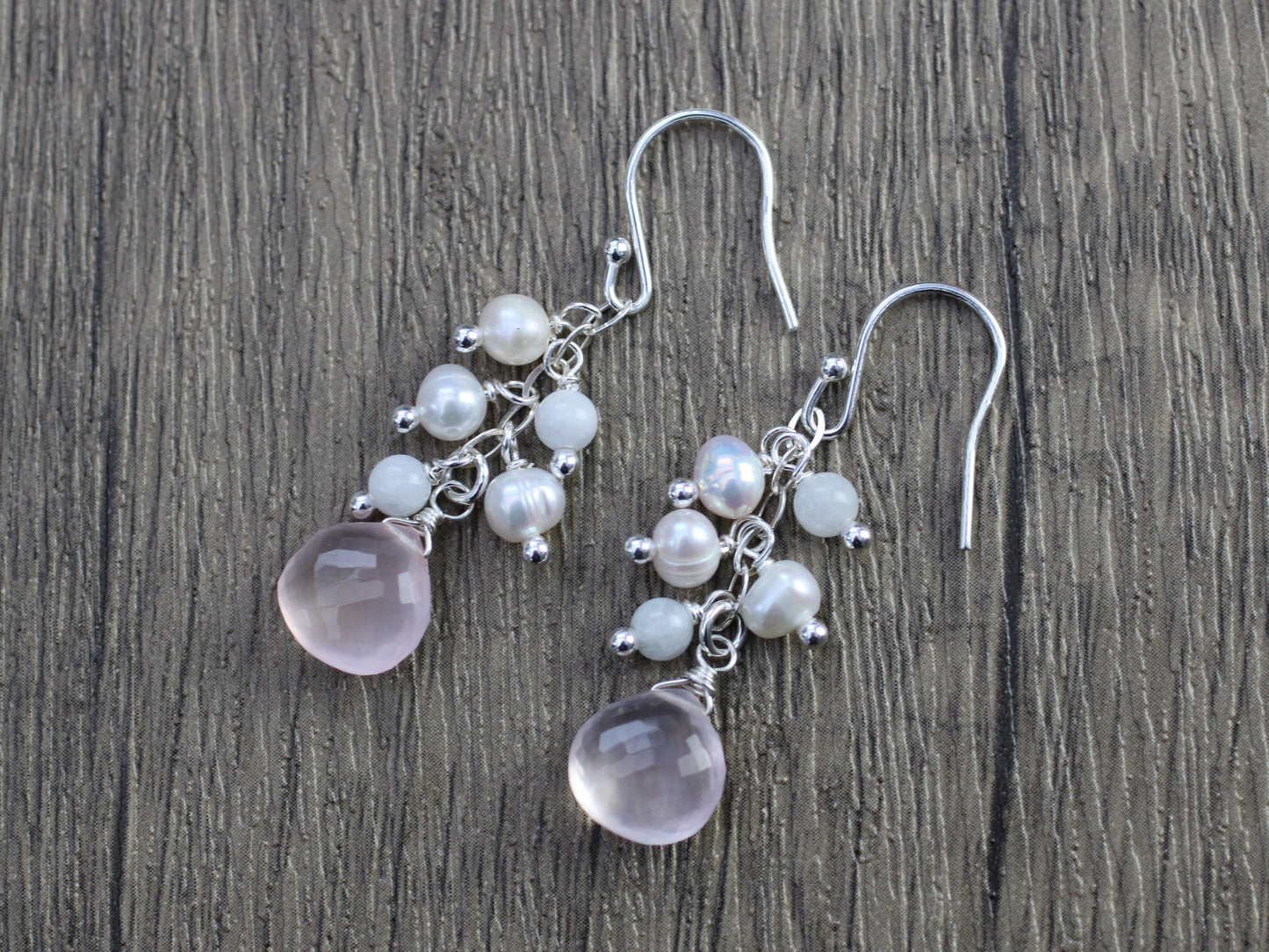 Rose quartz cluster earrings.