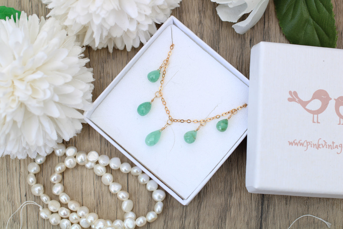 Wire-Wrapped Emerald Briolette Necklace in Gold.