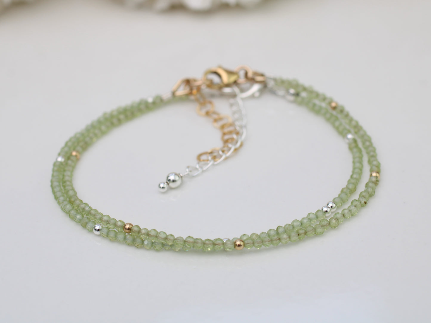 Skinny peridot bracelet in silver or gold.