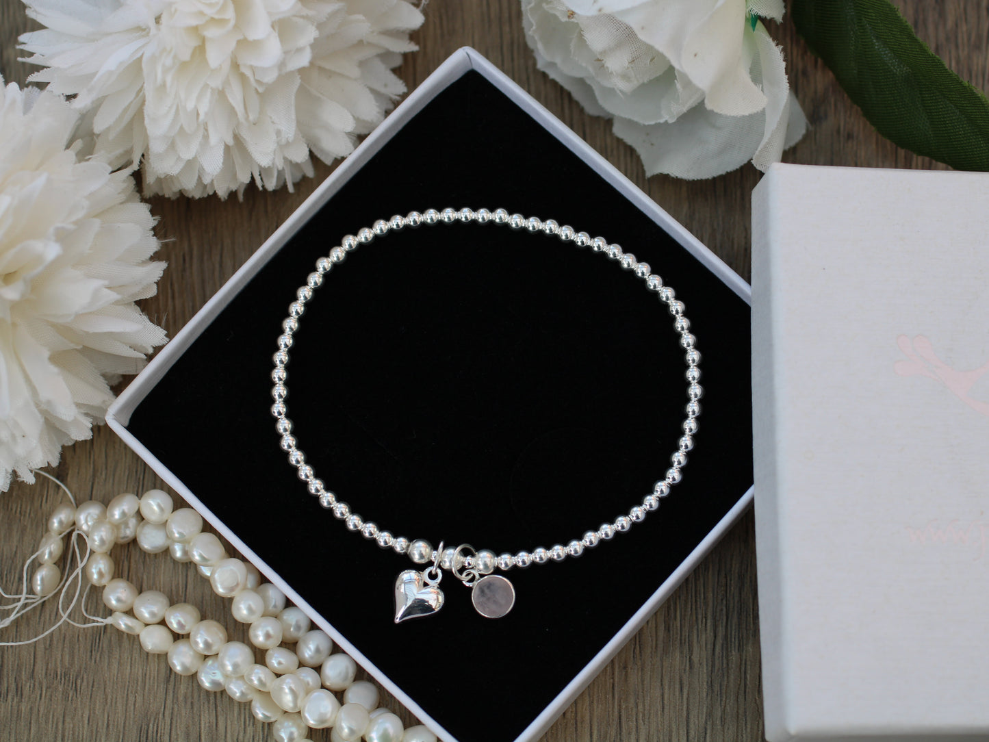 Rose Quartz Heart Charm Beaded Bracelet in Sterling Silver