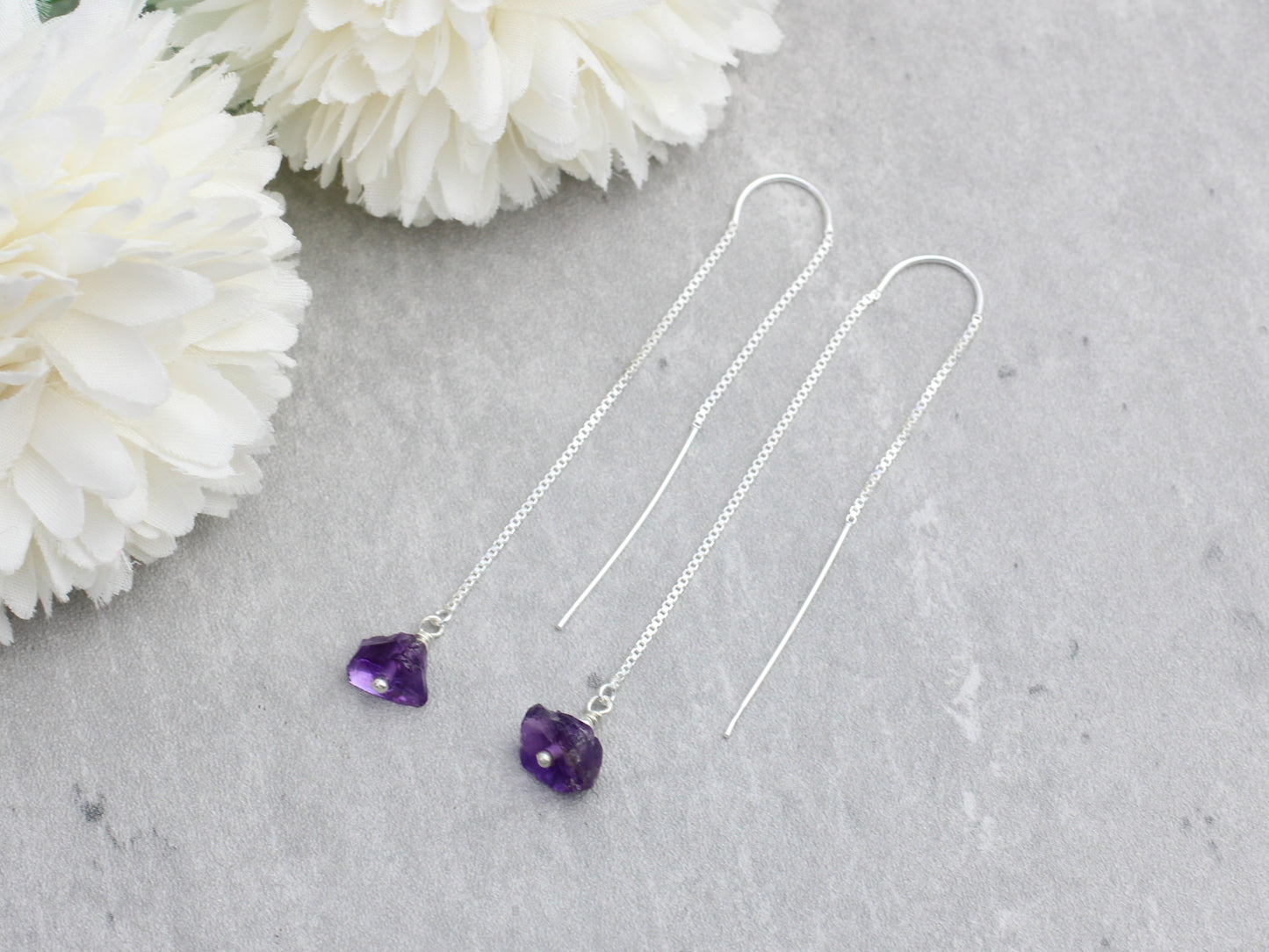 Raw amethyst threader earrings in silver.