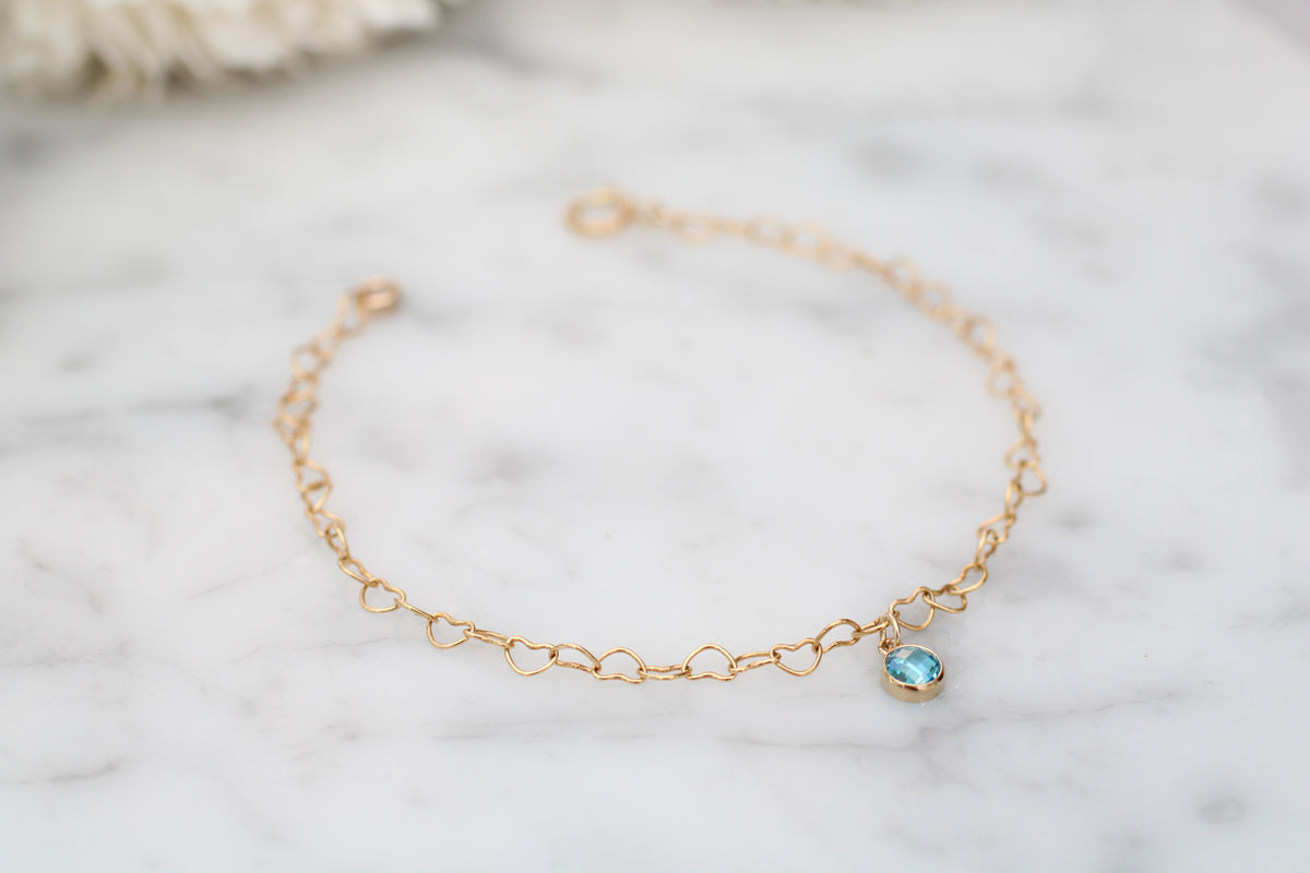 Heart Chain Bracelet with December Charm in Sterling Silver or Gold.