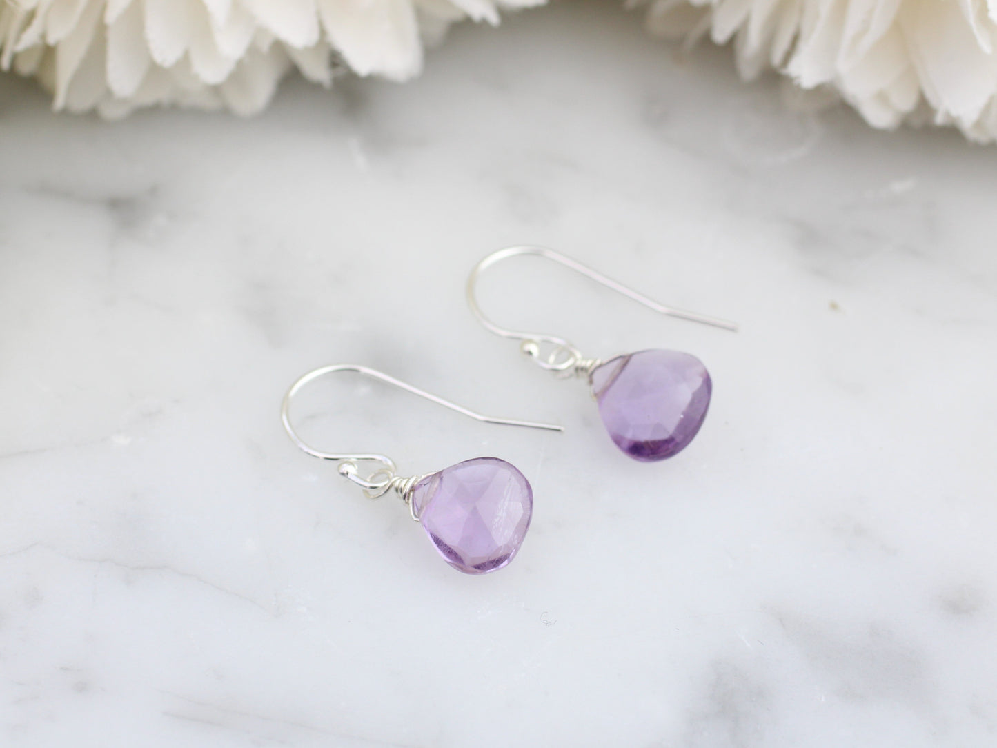 Amethyst drop earrings in silver or gold.