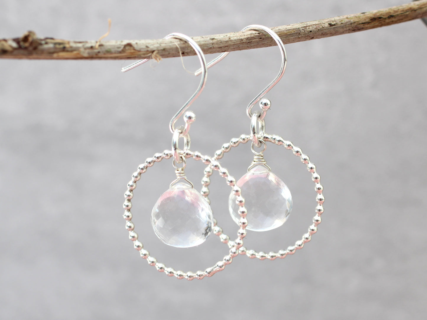 Crystal quartz April birthstone earrings.