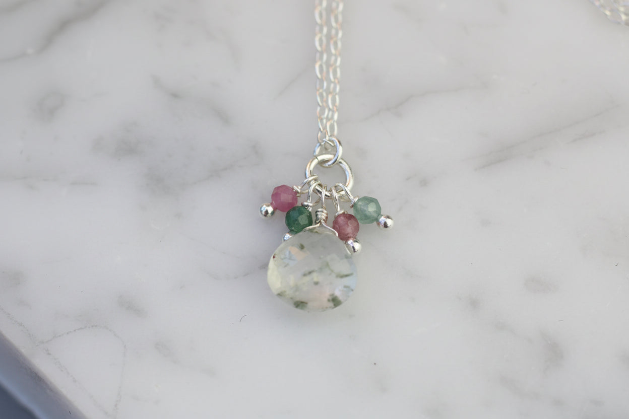 Moss Agate Cluster Pendant with Pink & Green Tourmaline