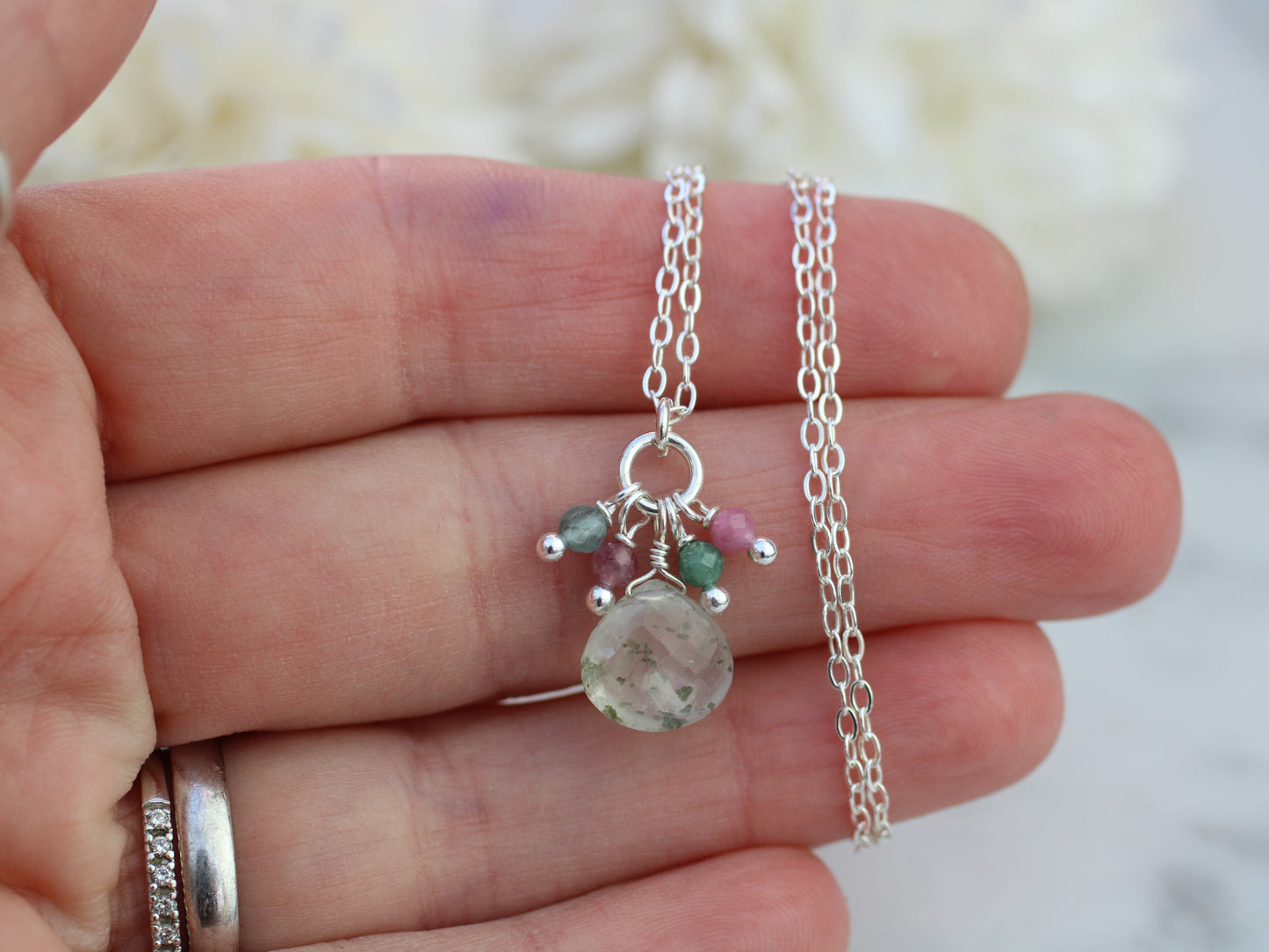 Moss Agate Cluster Pendant with Pink & Green Tourmaline