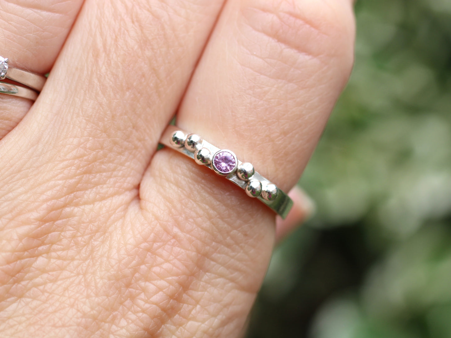 Pink sapphire and granulation ring. September birthstone.