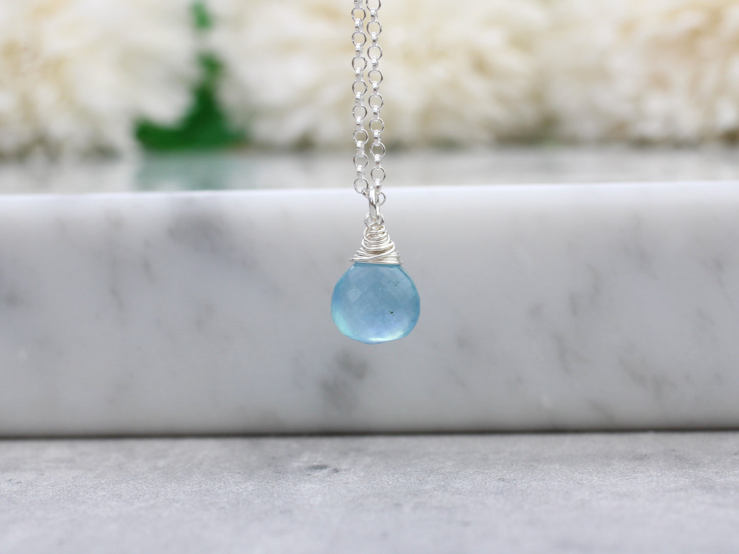 Aquamarine necklace in silver or gold.