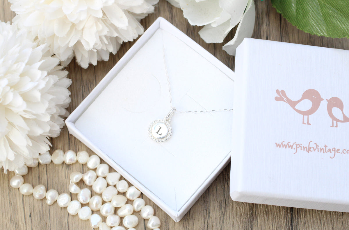 Engraved Silver Initial Necklace with Sparkling Crystal Pendant