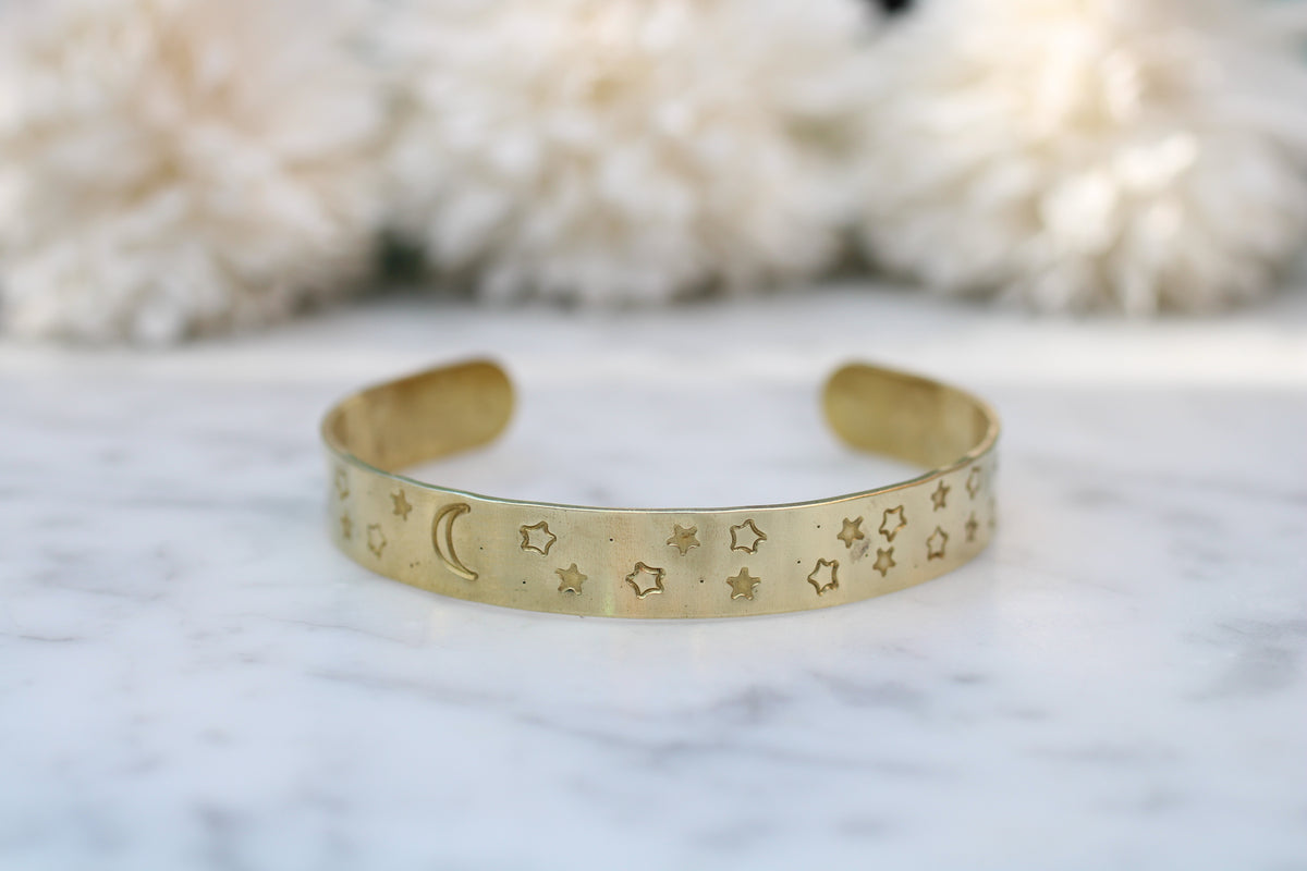 Celestial Cuff Bracelet – Star & Moon Cuff in Brass or Sterling Silver