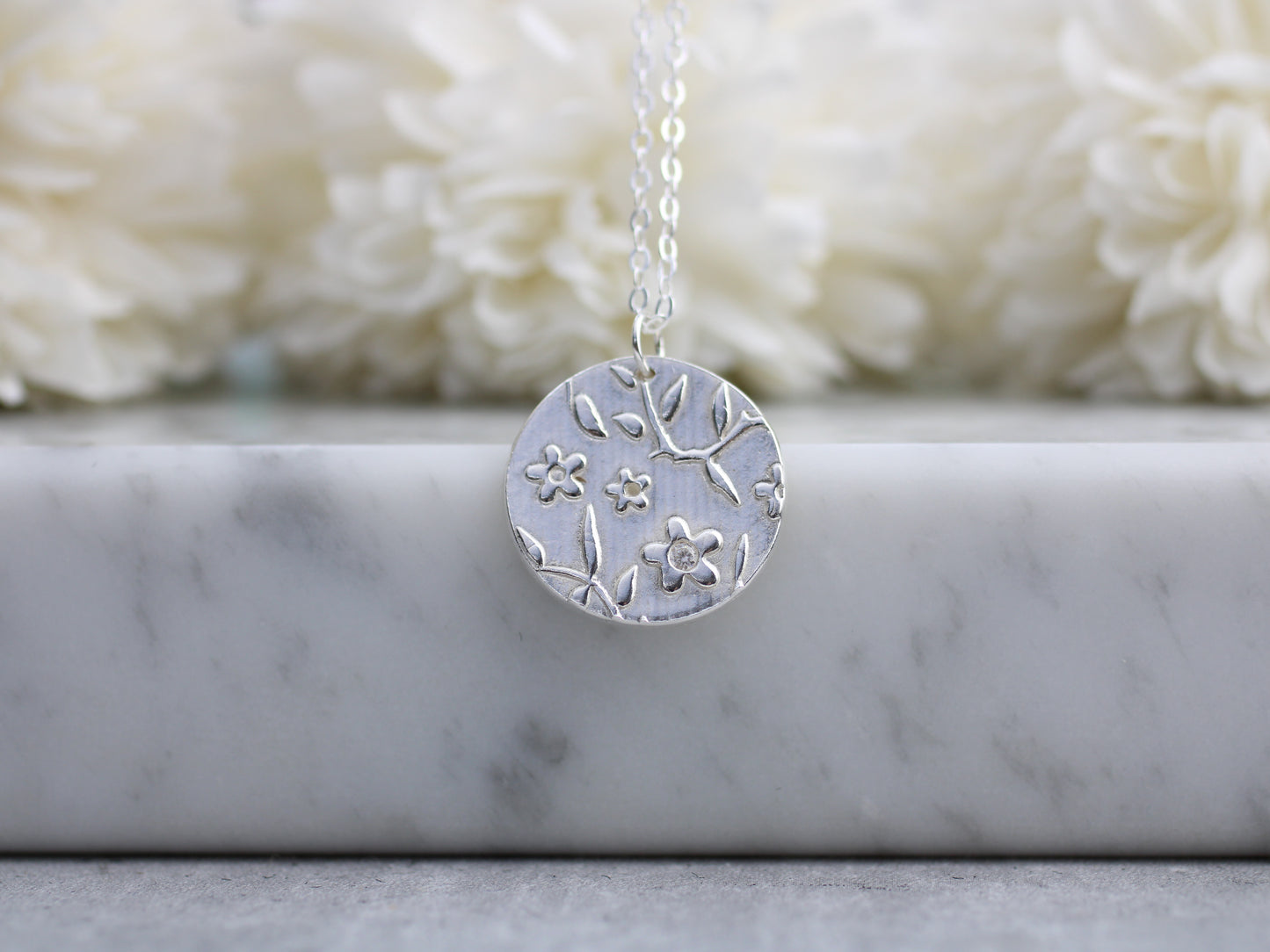 Handmade Fine Silver Botanical Floral Pendant with Cubic Zirconia
