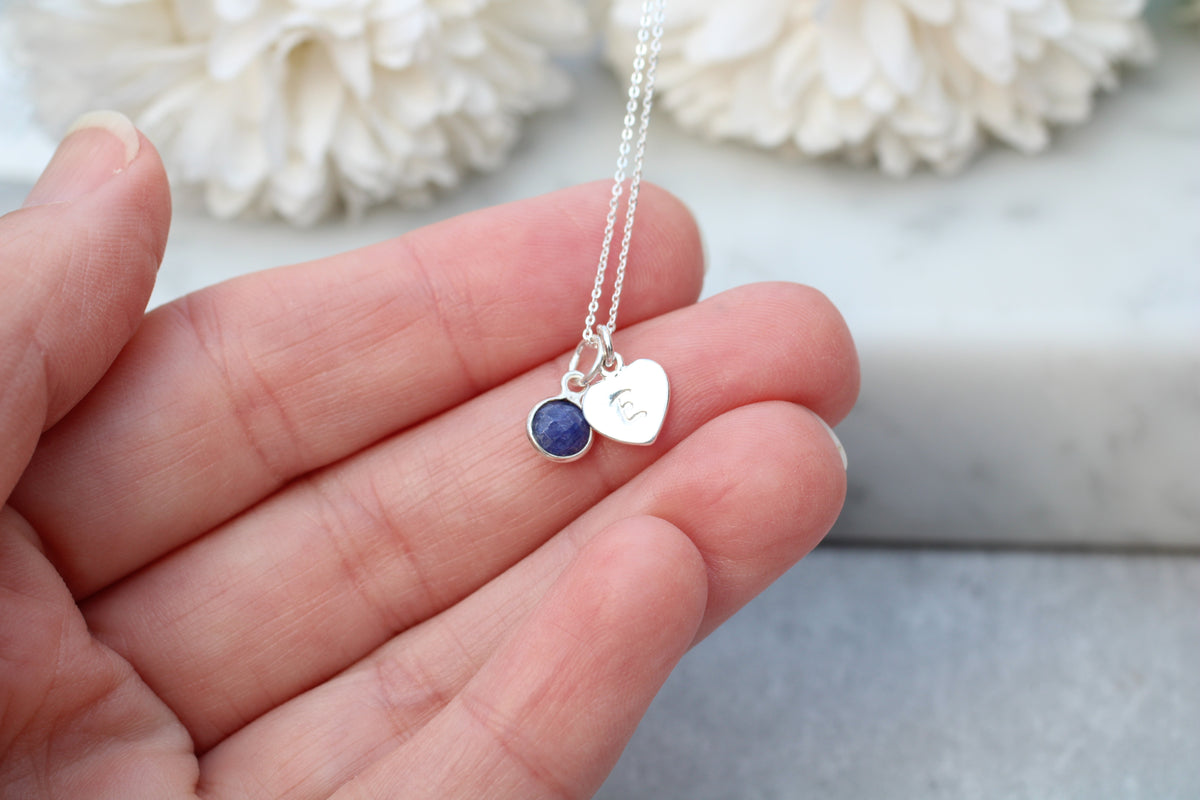 Sterling Silver Sapphire Charm & Initial Necklace | September Birthstone Jewellery