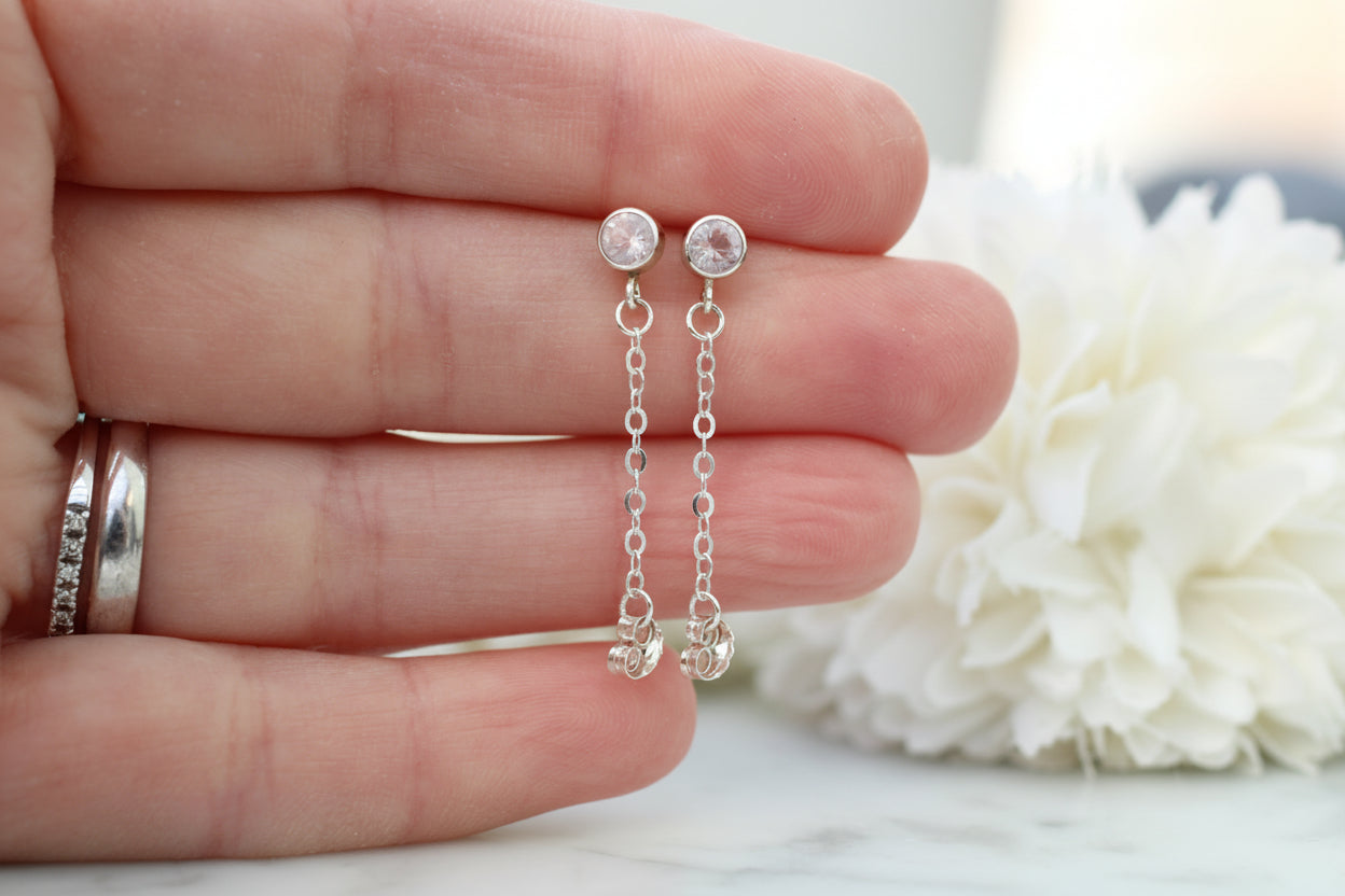 Rose Quartz Chain Earrings | Sterling Silver Gemstone Studs