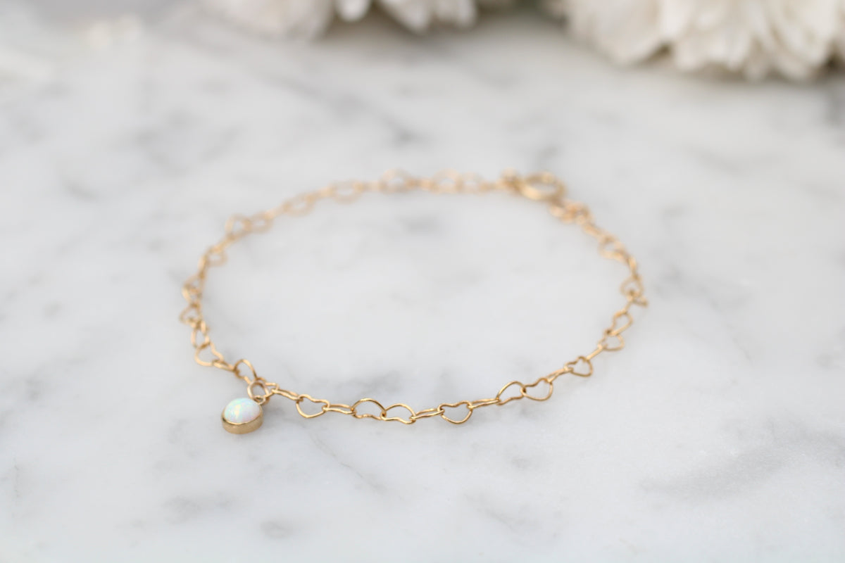 Heart Chain Bracelet with October Charm in Sterling Silver or Gold.