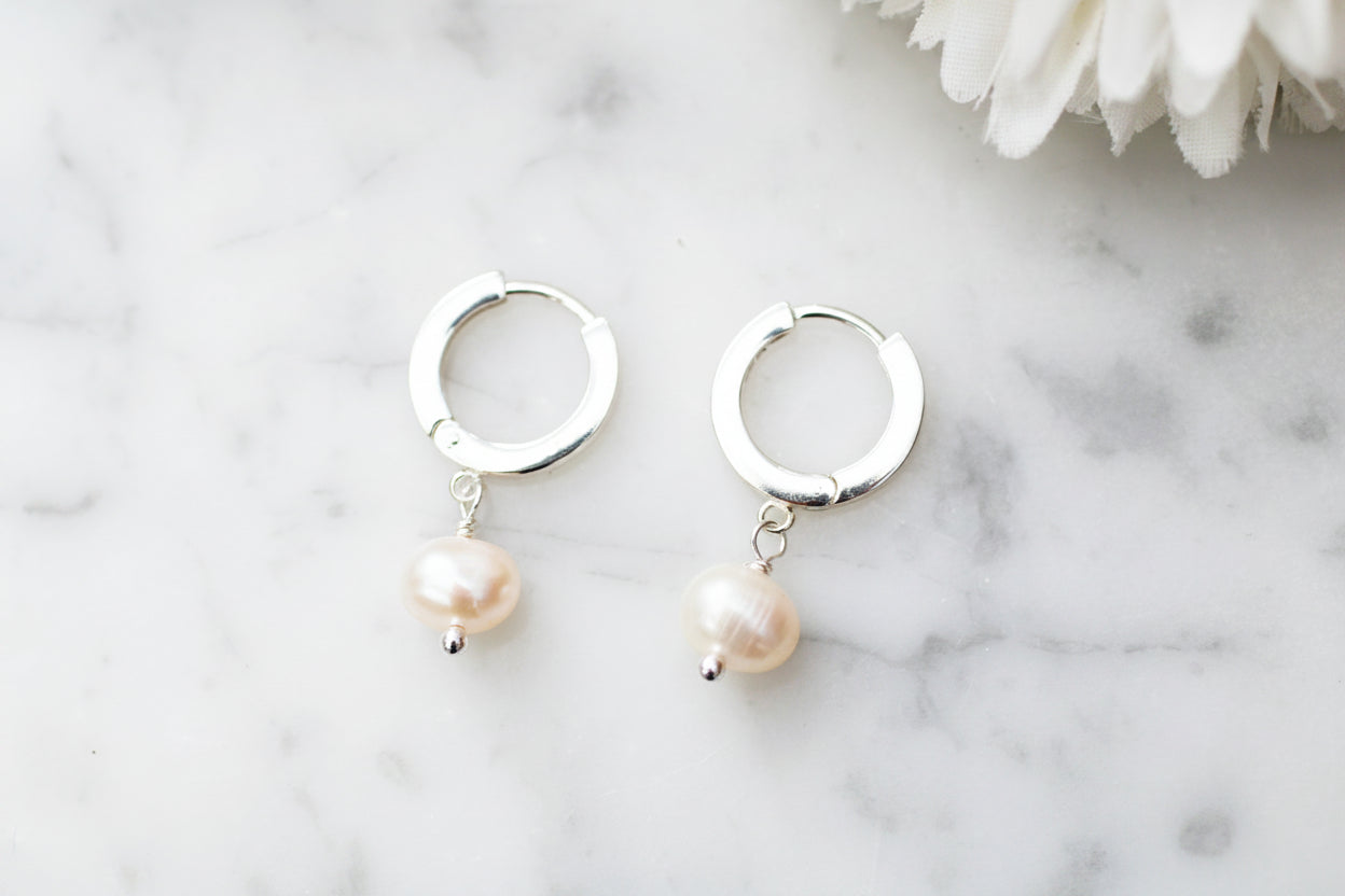 Pearl Huggie Hoop Earrings in Sterling Silver | 16th Birthday Gift