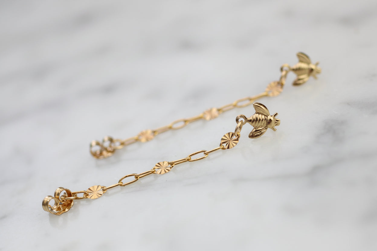 Gold filled Bee Ear Chain Earrings.