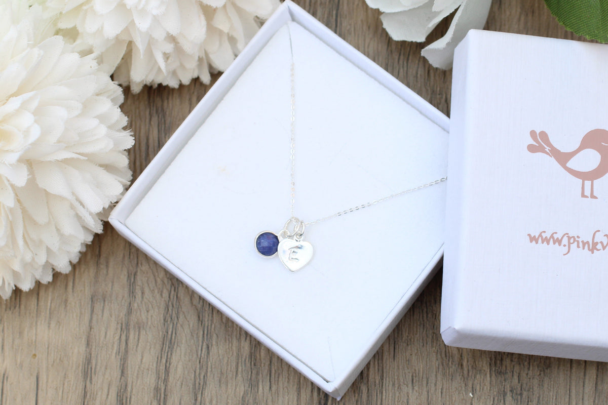 Sterling Silver Sapphire Charm & Initial Necklace | September Birthstone Jewellery