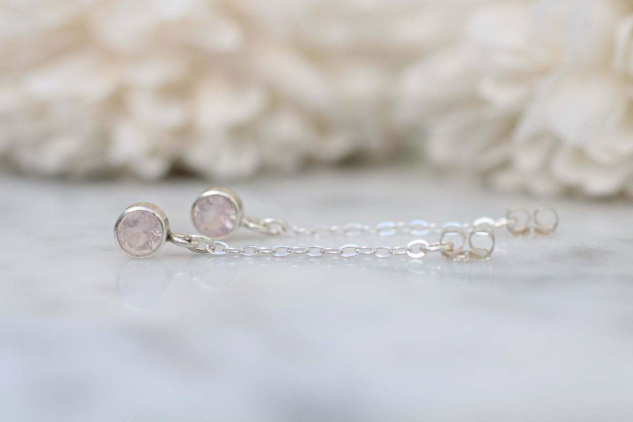 Rose Quartz Chain Earrings | Sterling Silver Gemstone Studs