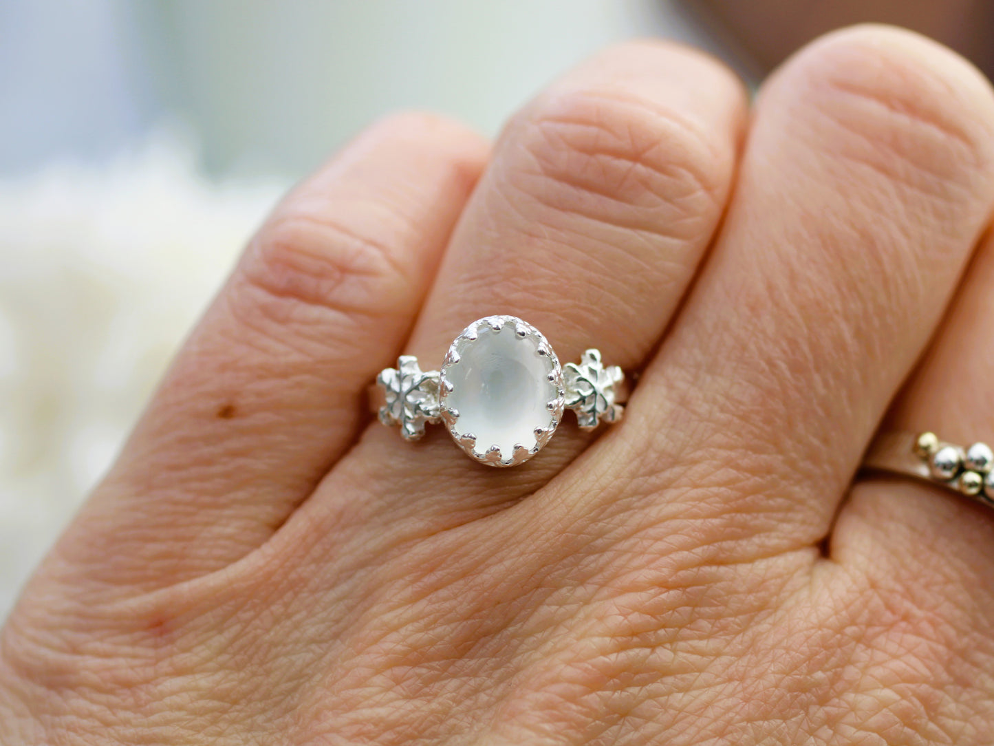 Handmade Sterling Silver Moonstone Snowflake Ring. Size N.