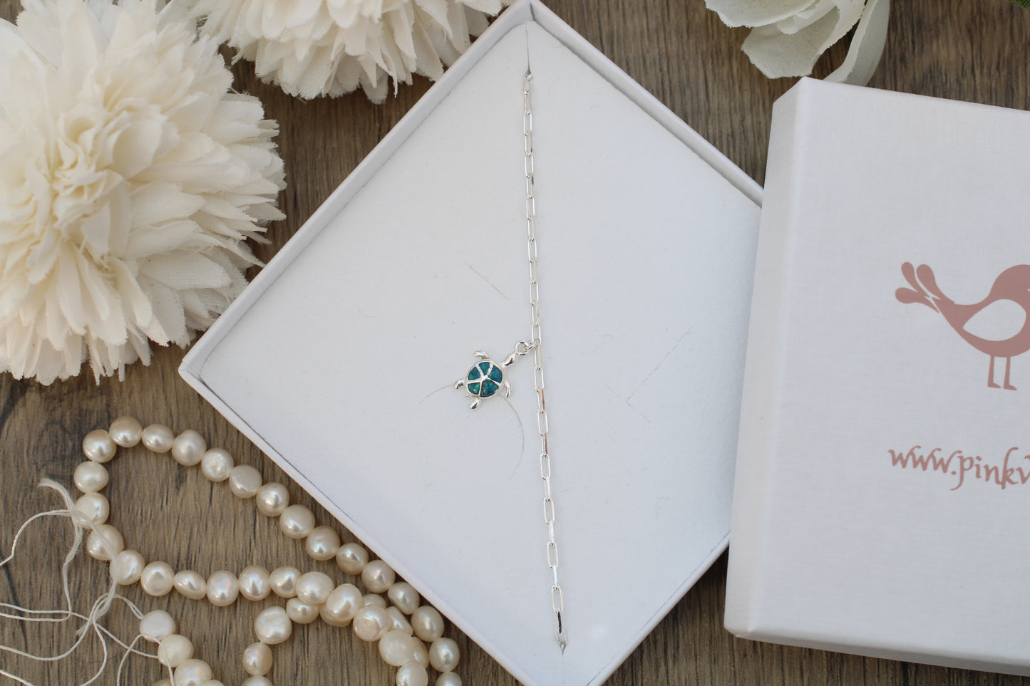 Blue Opal Turtle Charm Bracelet in Sterling Silver