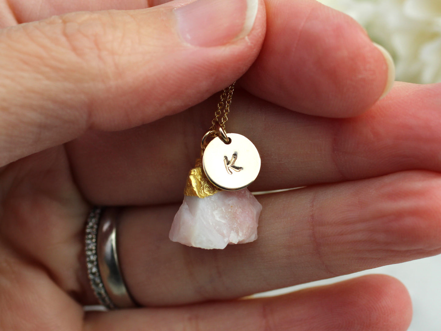 Personalised pink opal necklace in gold.