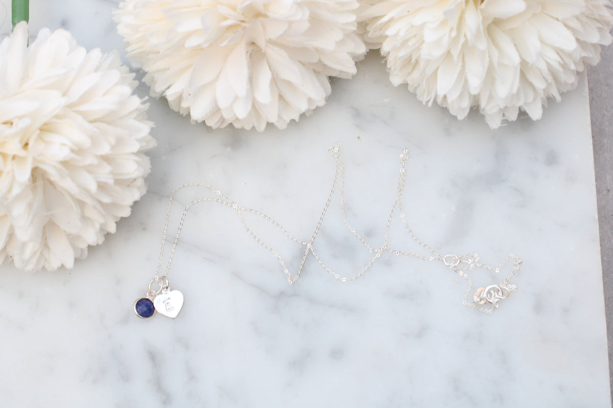 Sterling Silver Sapphire Charm & Initial Necklace | September Birthstone Jewellery