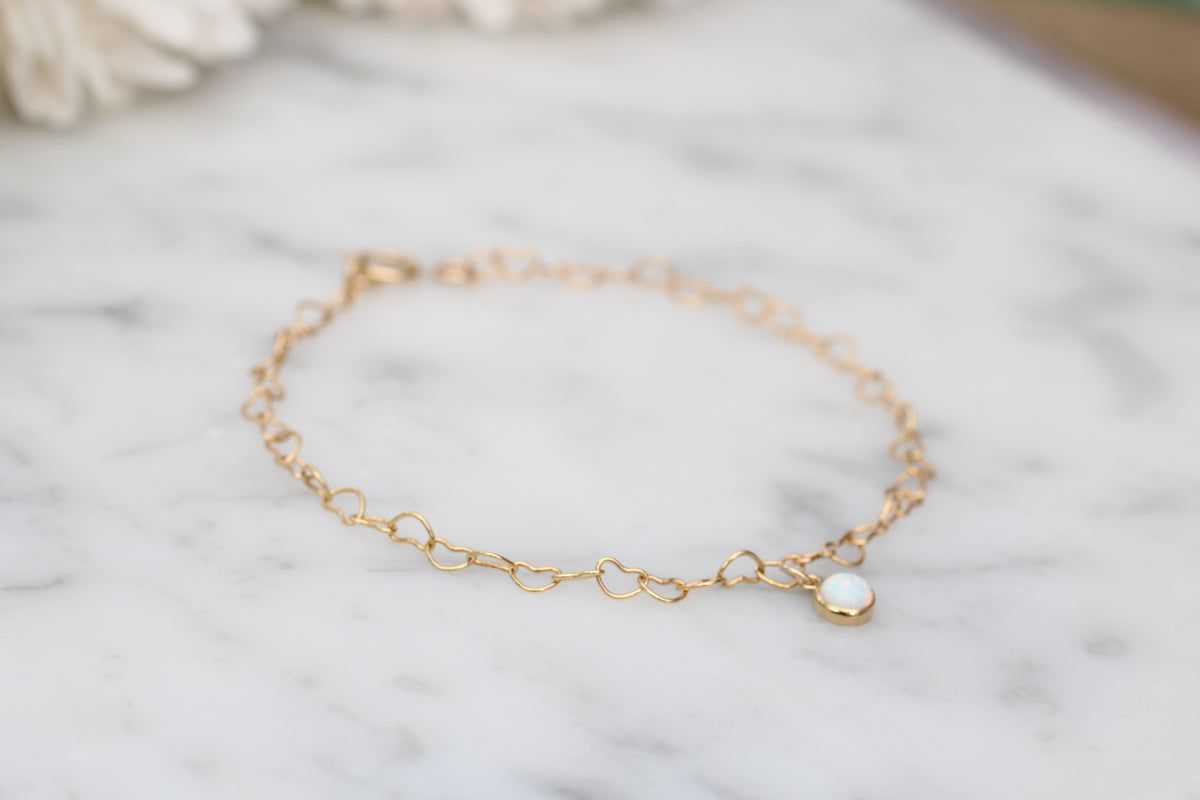 Heart Chain Bracelet with October Charm in Sterling Silver or Gold.