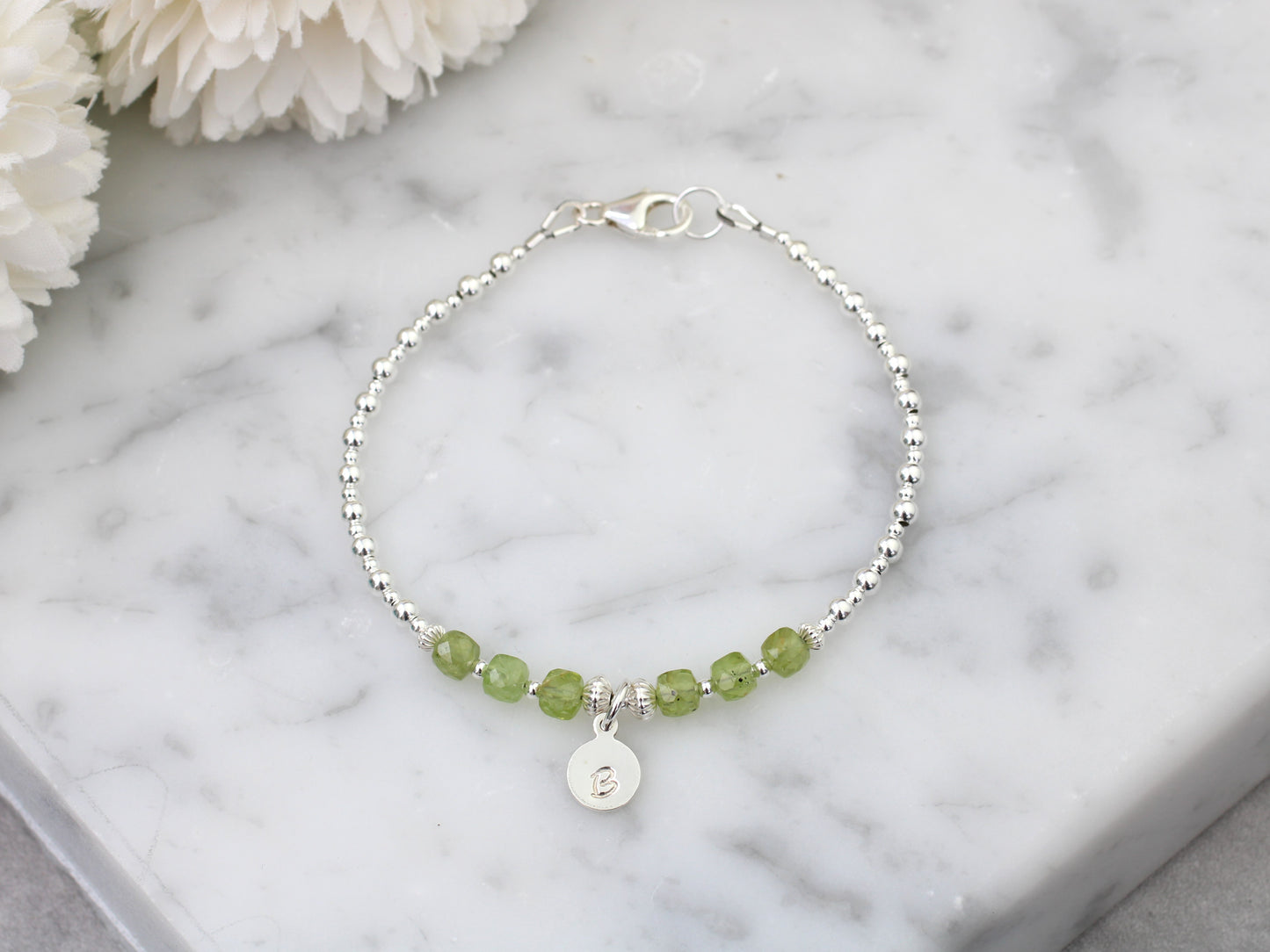 Peridot initial bracelet. August birthstone bracelet.
