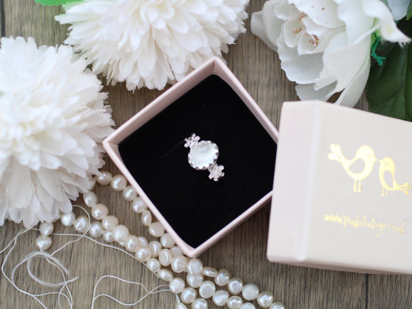 Handmade Sterling Silver Moonstone Snowflake Ring. Size N.