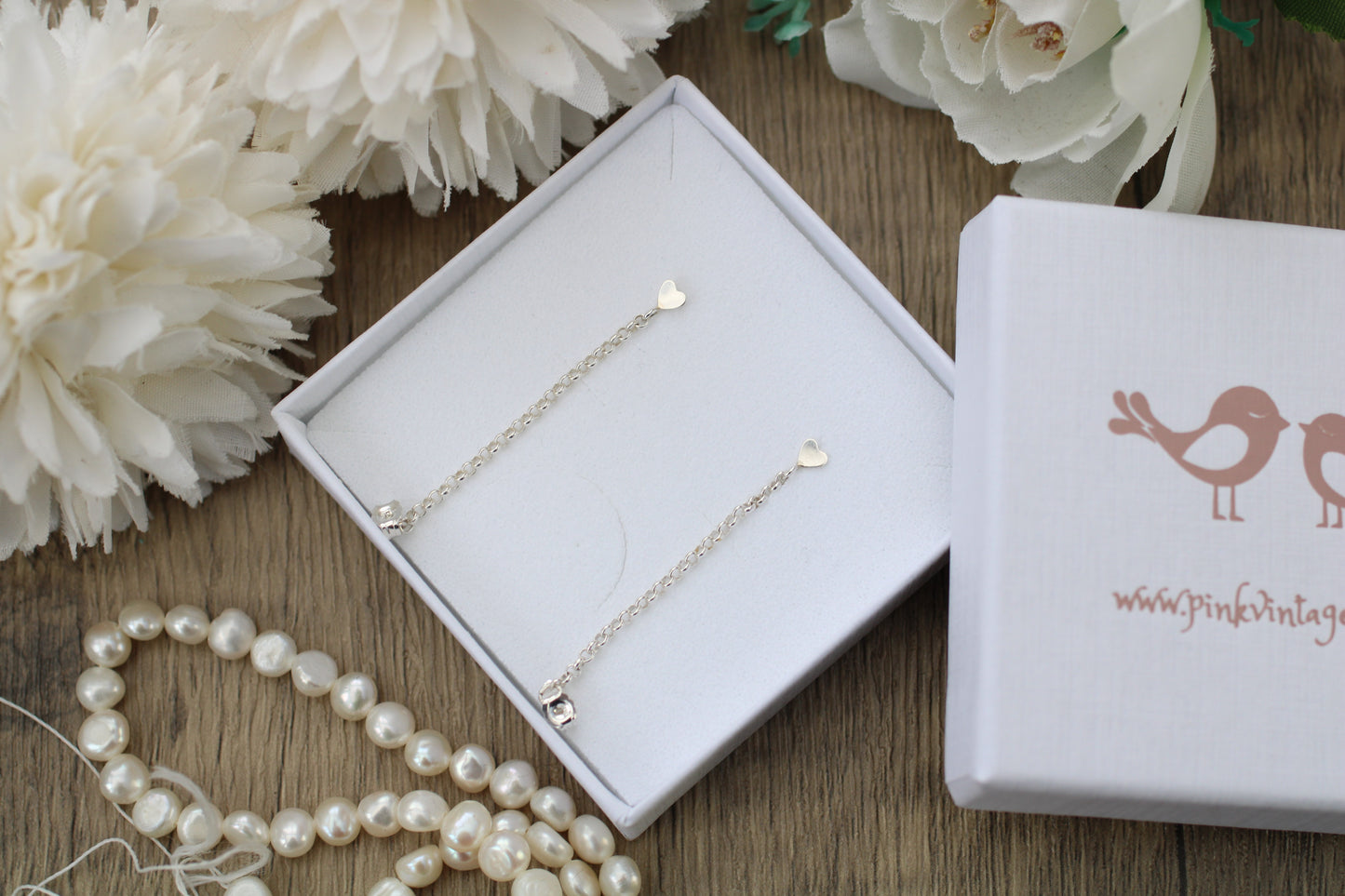 Sterling Silver Heart Ear Chain Earrings.