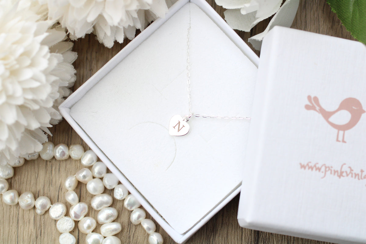 Engraved Heart Initial Necklace in Sterling Silver