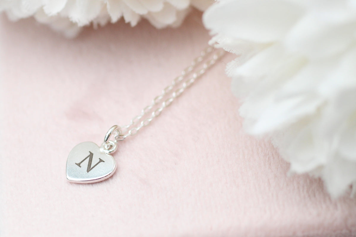 Engraved Heart Initial Necklace in Sterling Silver