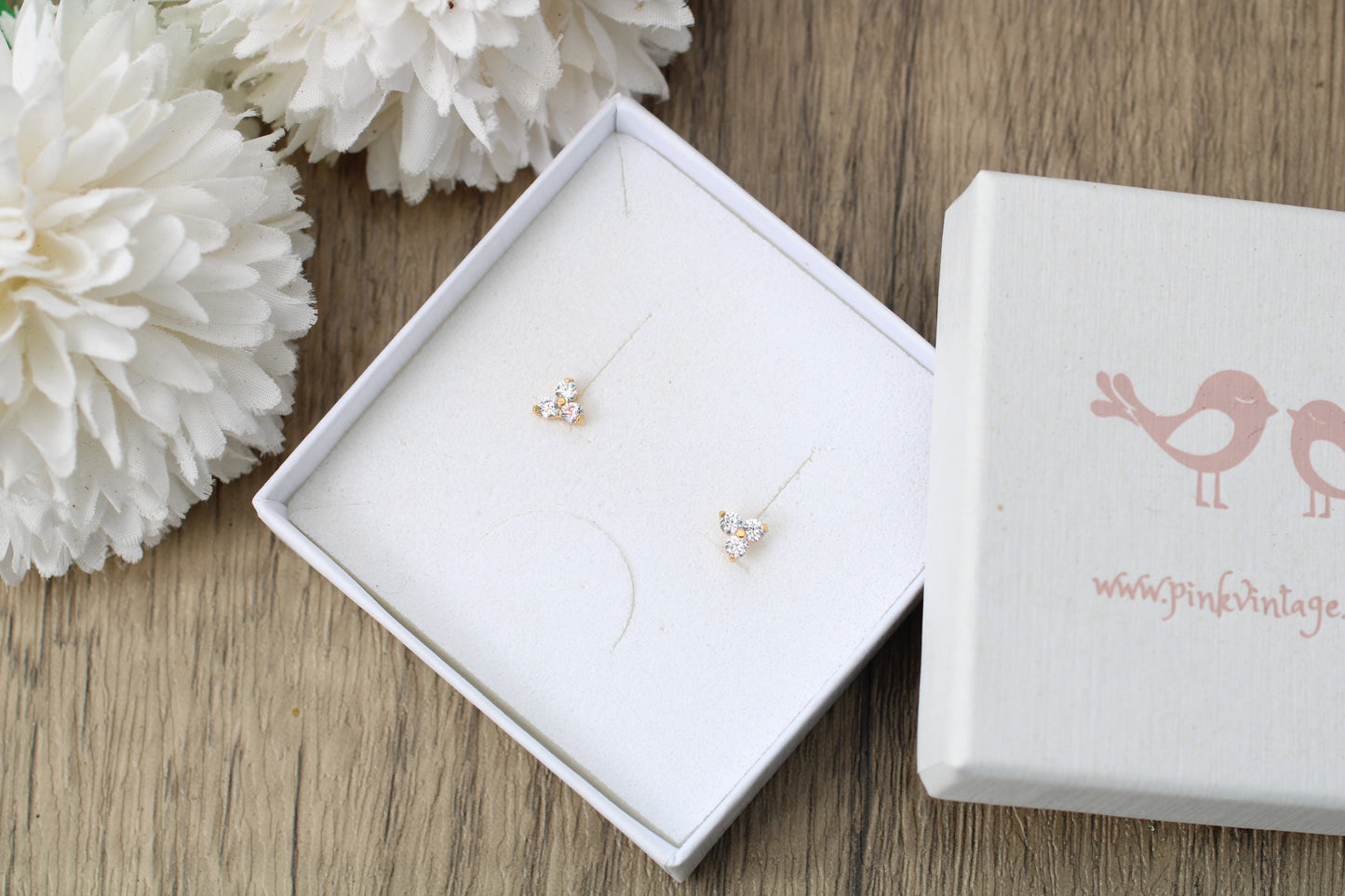 Gold Three Stone Cluster Stud Earrings