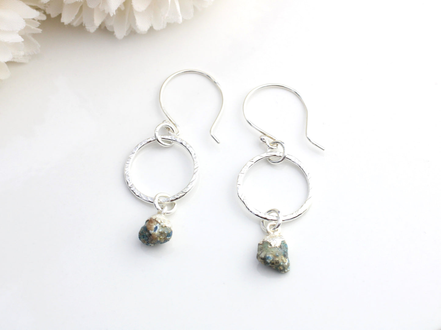 Turquoise hoop earrings in sterling silver. December birthstone earrings.