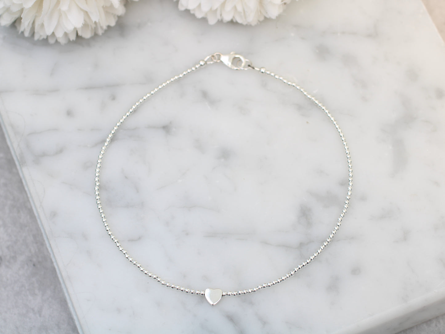 Skinny beaded anklet, ankle bracelet in silver.