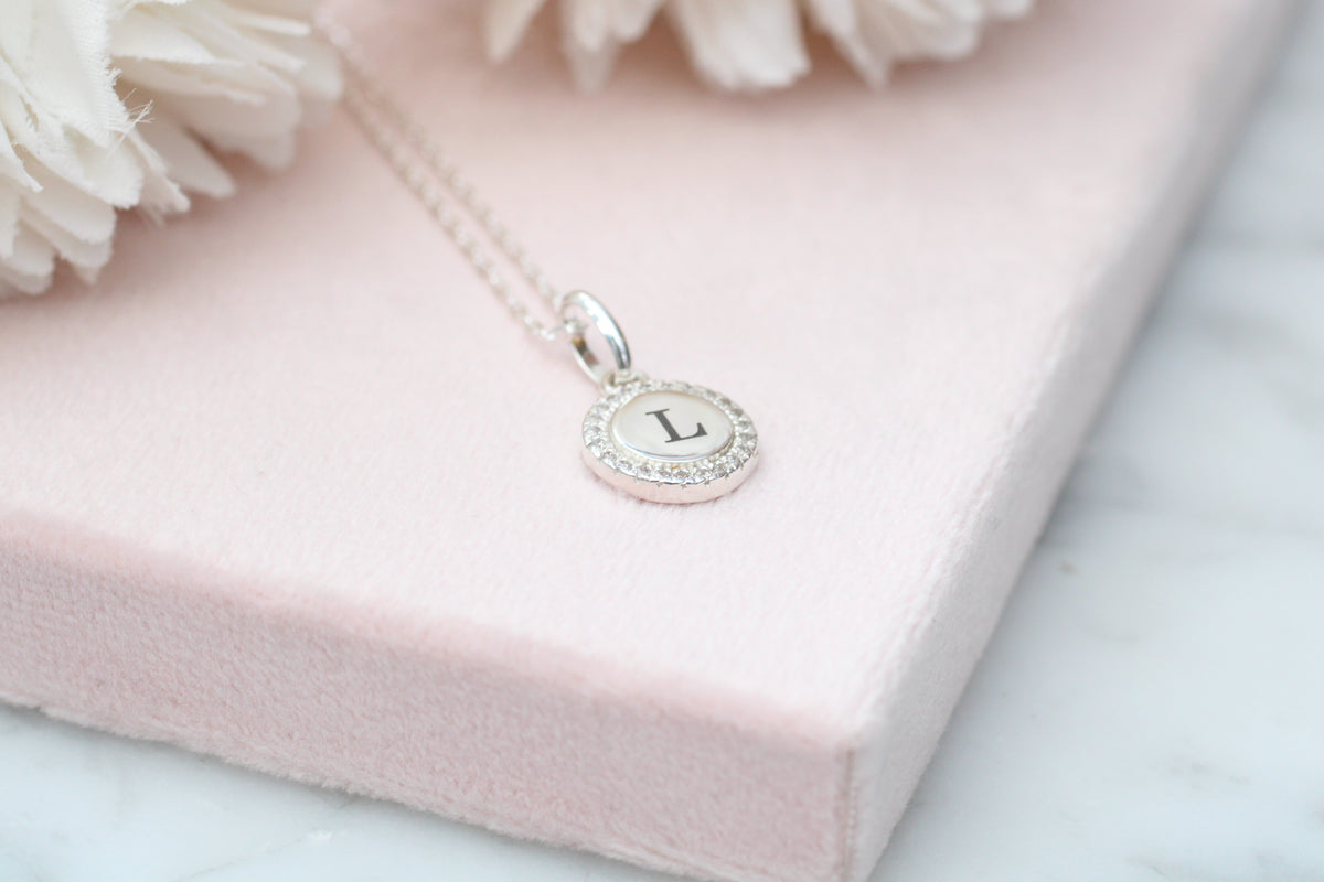 Engraved Silver Initial Necklace with Sparkling Crystal Pendant
