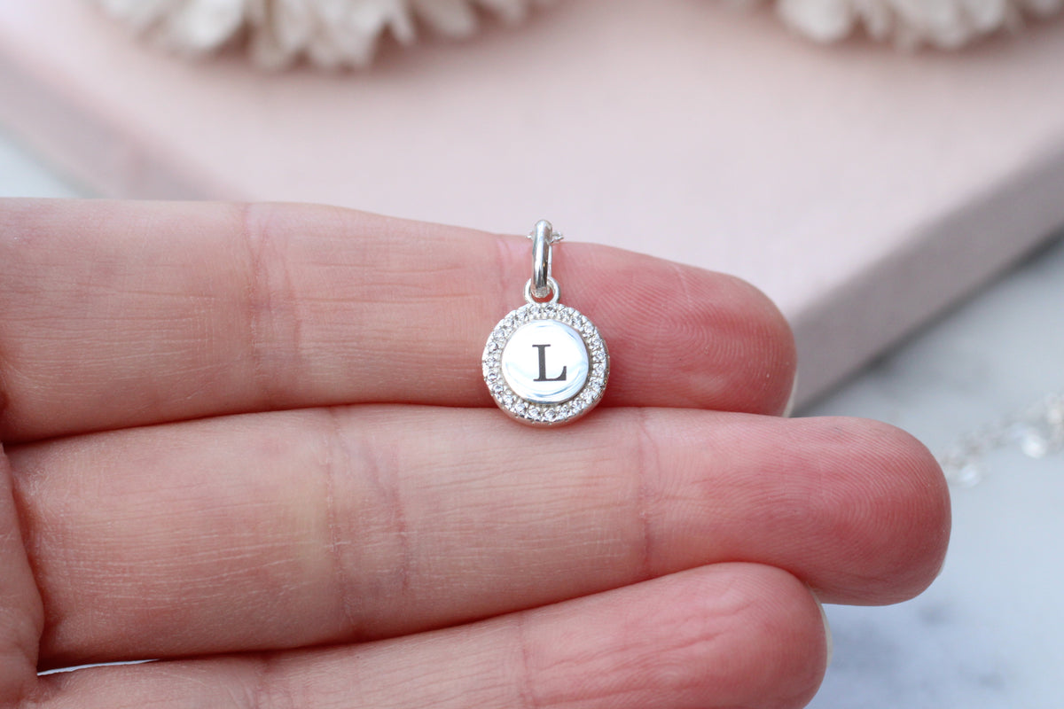Engraved Silver Initial Necklace with Sparkling Crystal Pendant