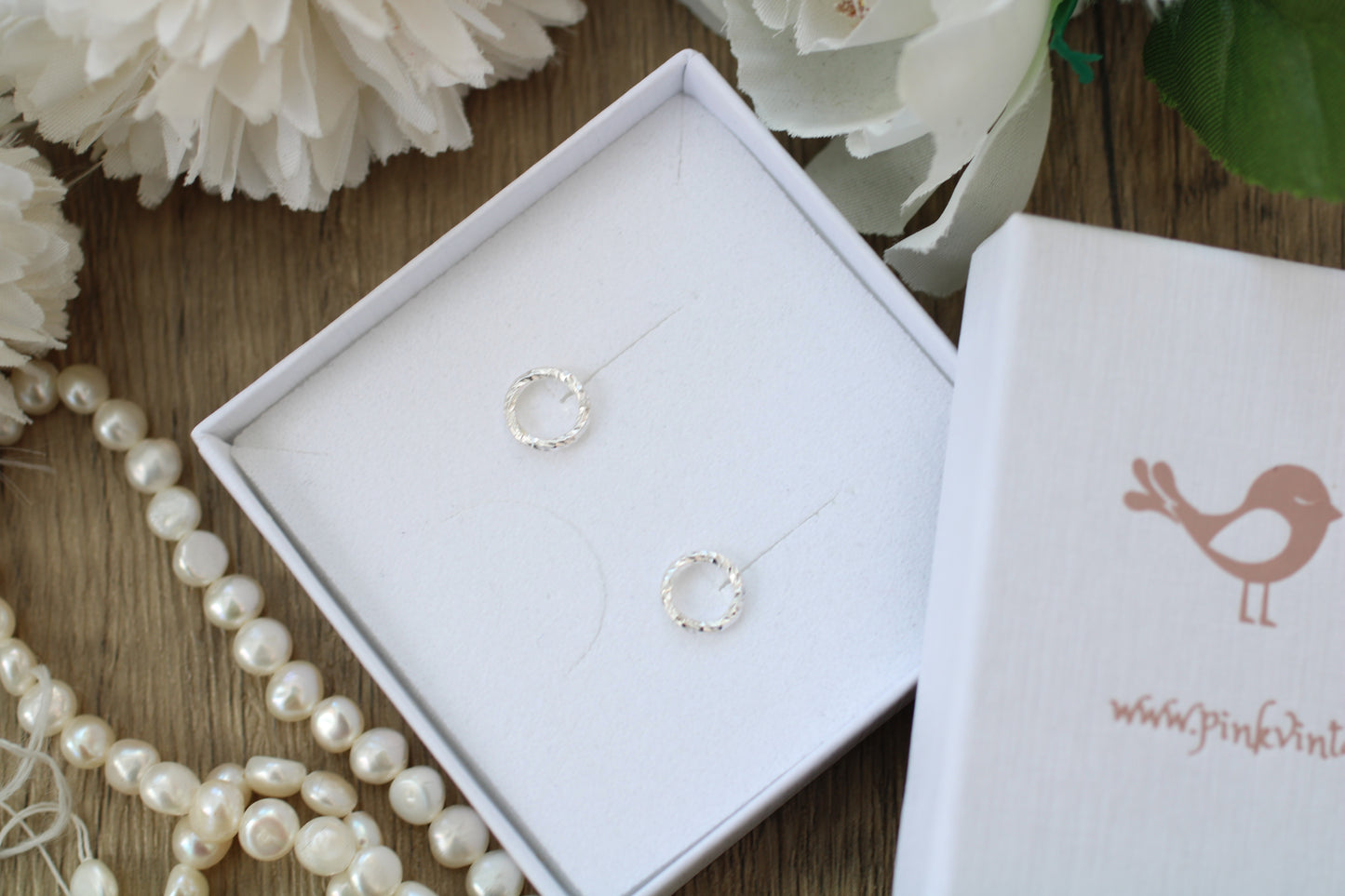 Handmade Sterling Silver Circle Stud Earrings – Sparkly Textured Hoop Studs