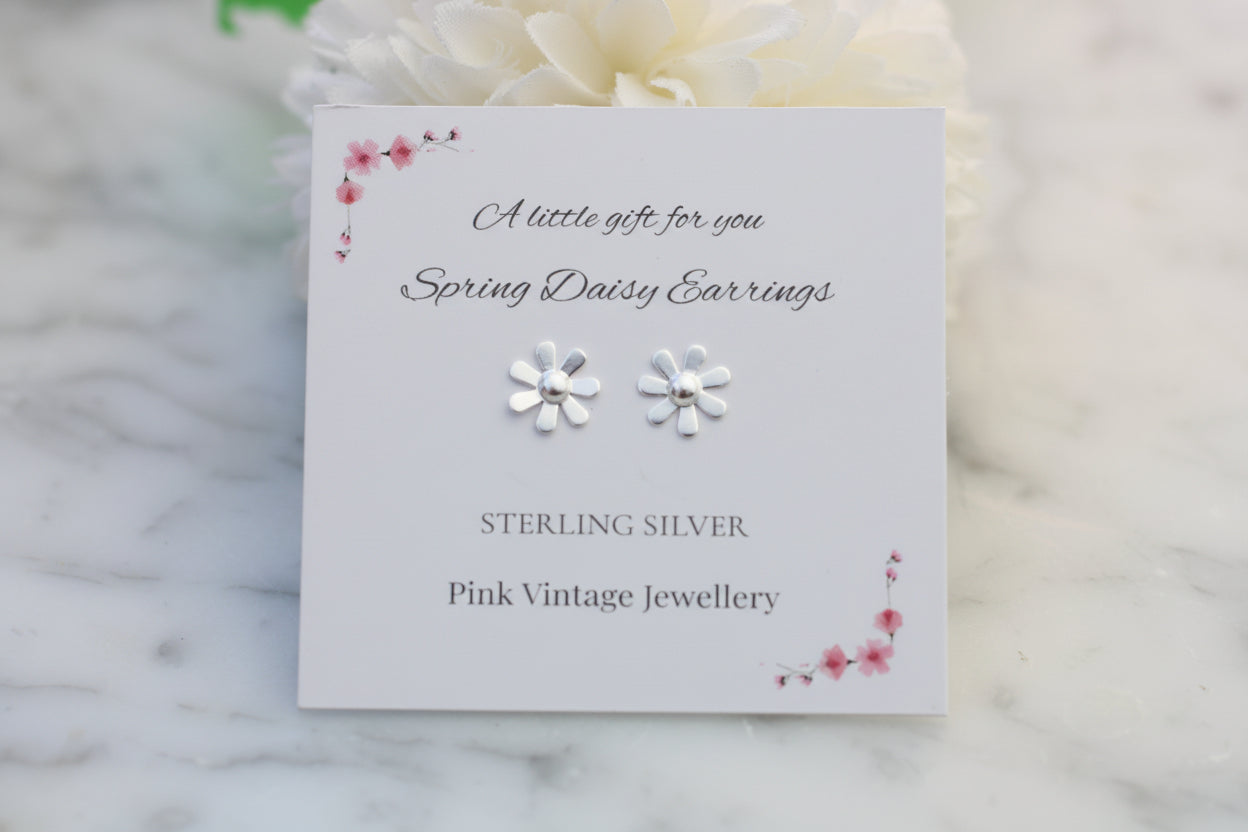 Spring Daisy earrings on a card with 'Pink Vintage Jewellery' branding