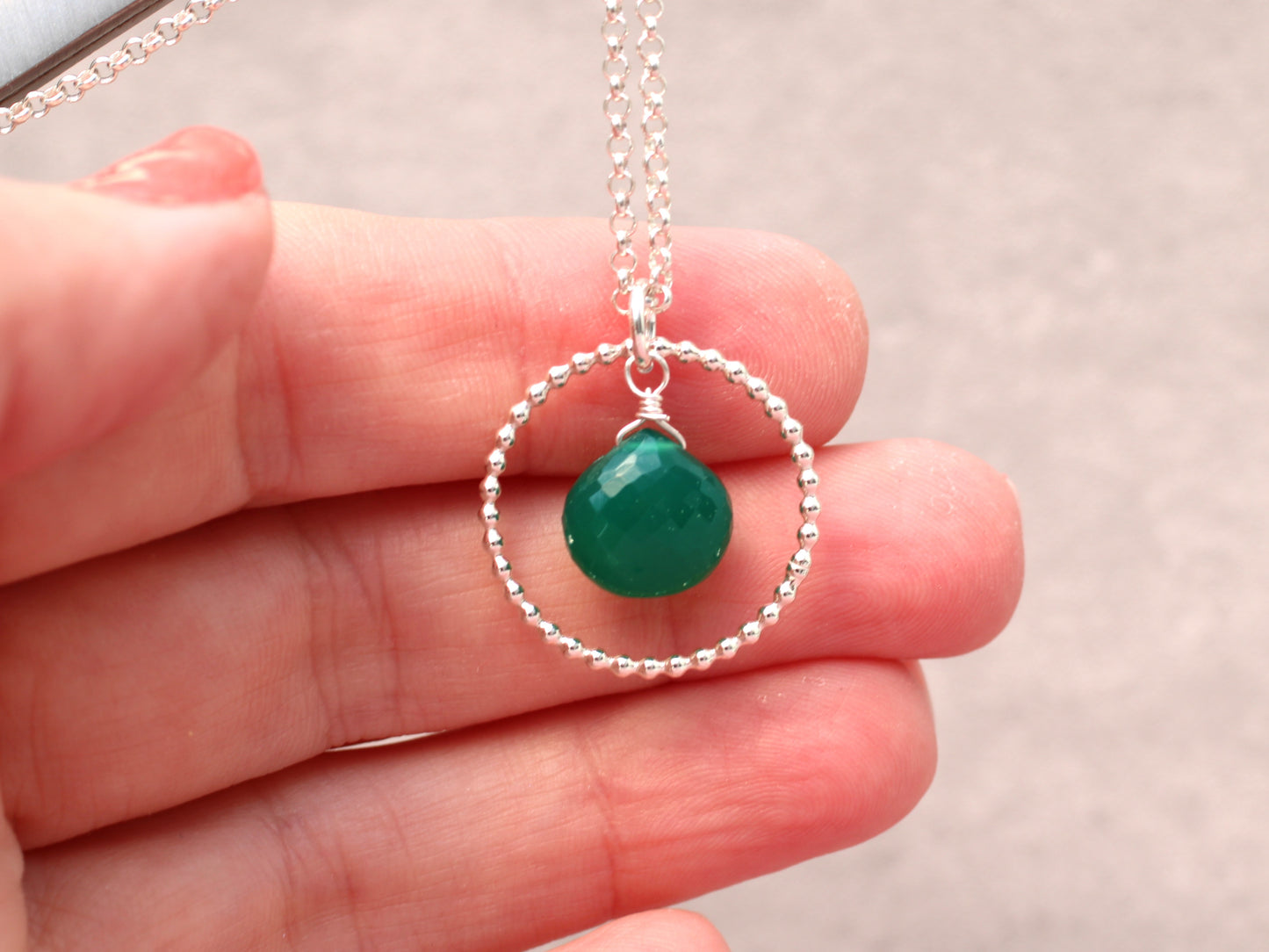 May birthstone necklace. Green onyx pendant necklace.