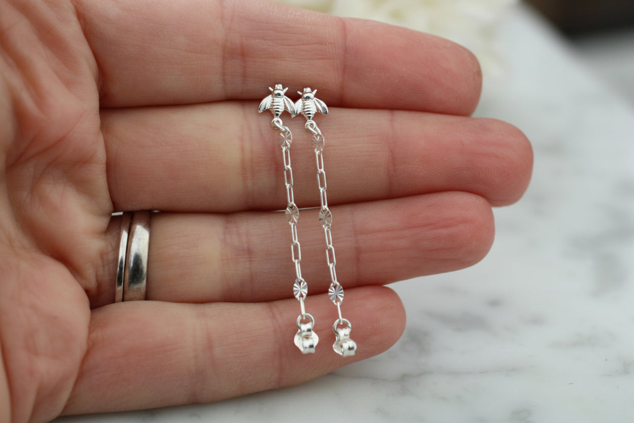 Sterling Silver Bee Ear Chain Earrings.