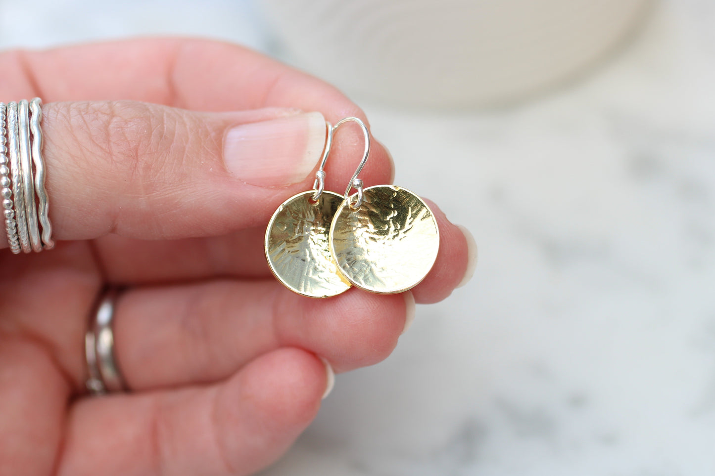 Mixed Metal Hammered Brass Earrings | Textured Disc Earrings