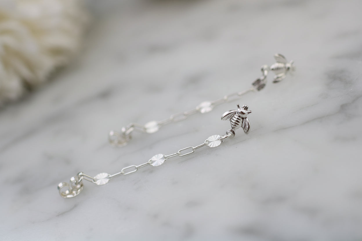 Sterling Silver Bee Ear Chain Earrings.