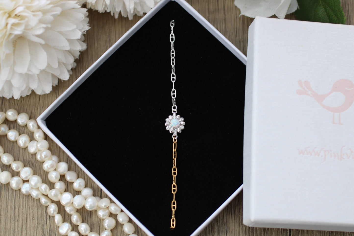 Mixed Metal Opal Flower Bracelet – Sterling Silver & Gold Filled Mariner Chain