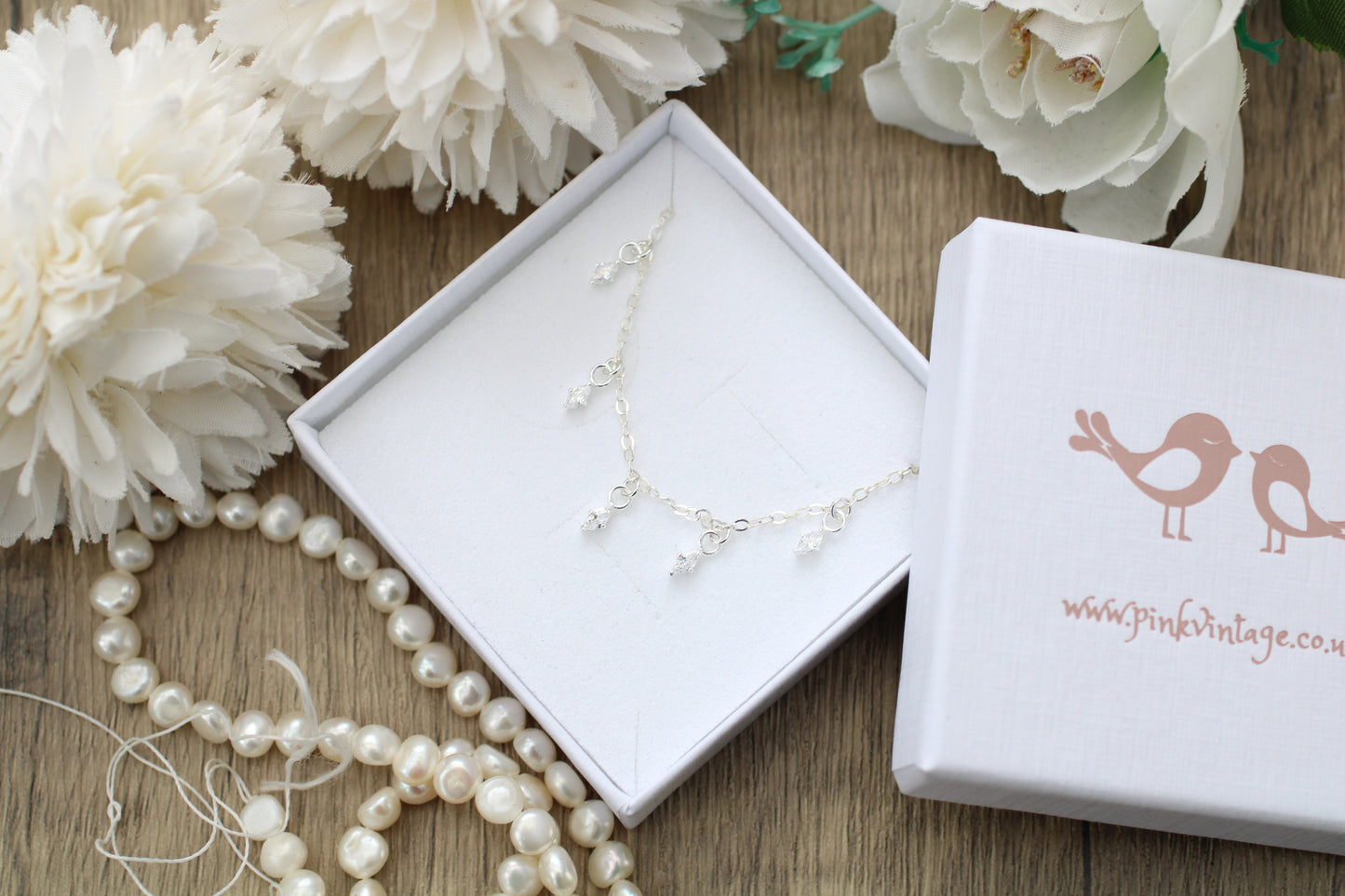 Dainty Sterling Silver Marquise Crystal Necklace – Delicate Drop Charm Necklace
