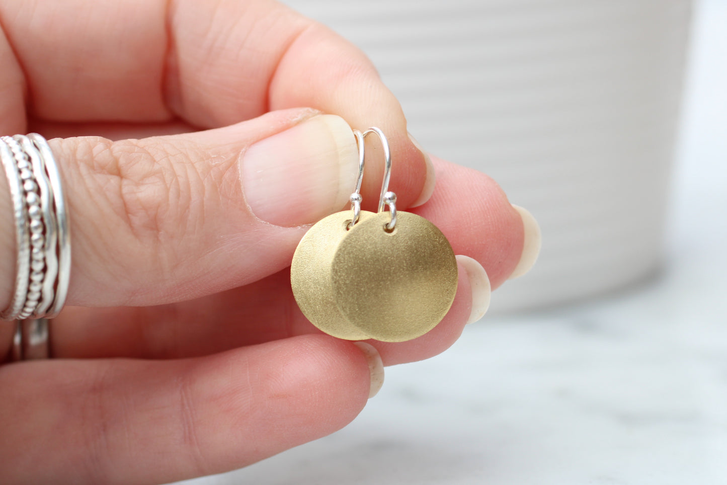 Mixed Metal Brass Earrings | Satin Domed Brass Disc Earrings | Personalised Hidden Initials